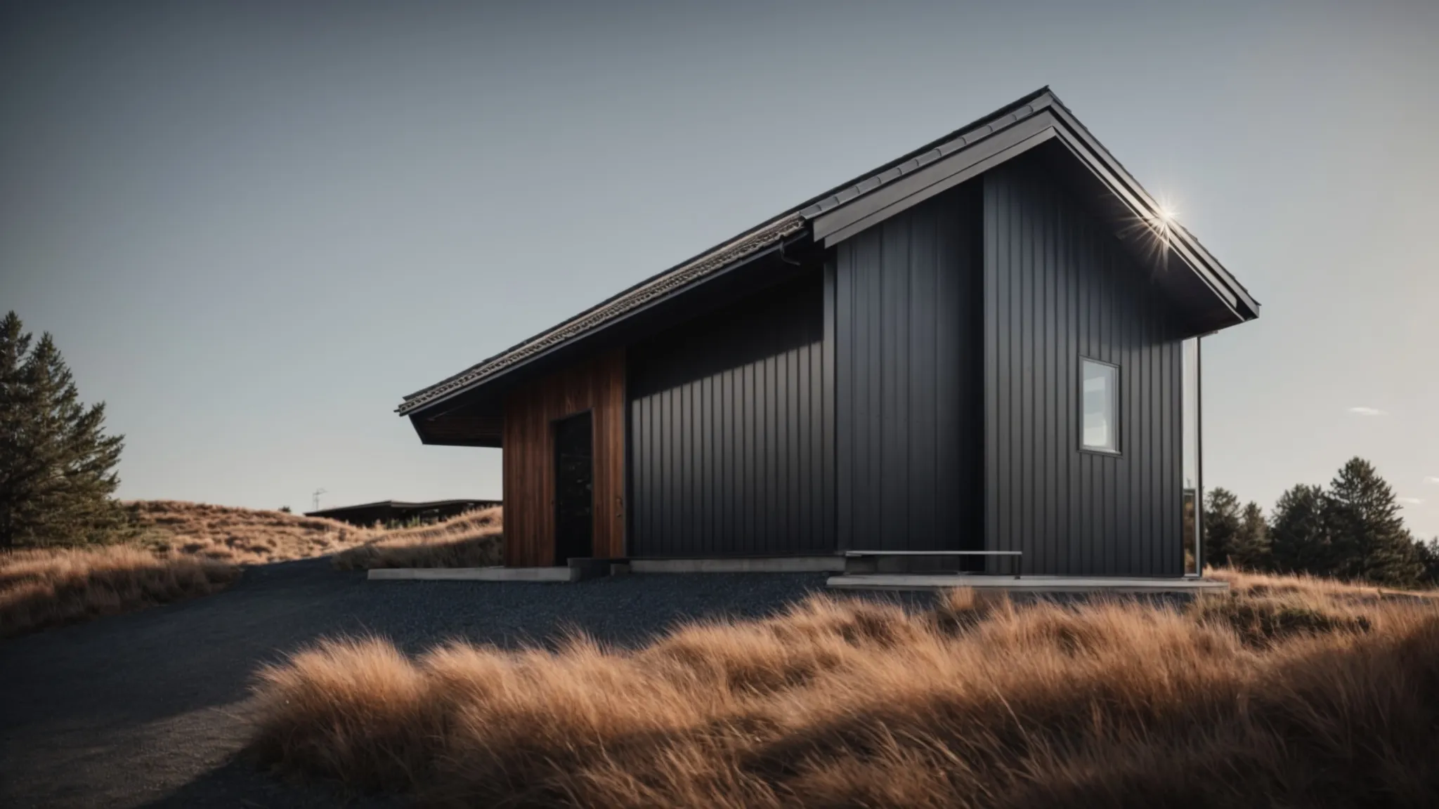 a house with one side showcasing a sleek metal roof and the other side featuring traditional asphalt shingles against a clear sky backdrop.