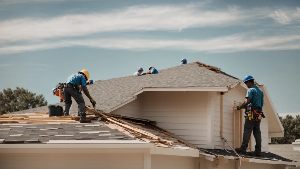 two workers on top of a house installing new shingles under a clear sky.