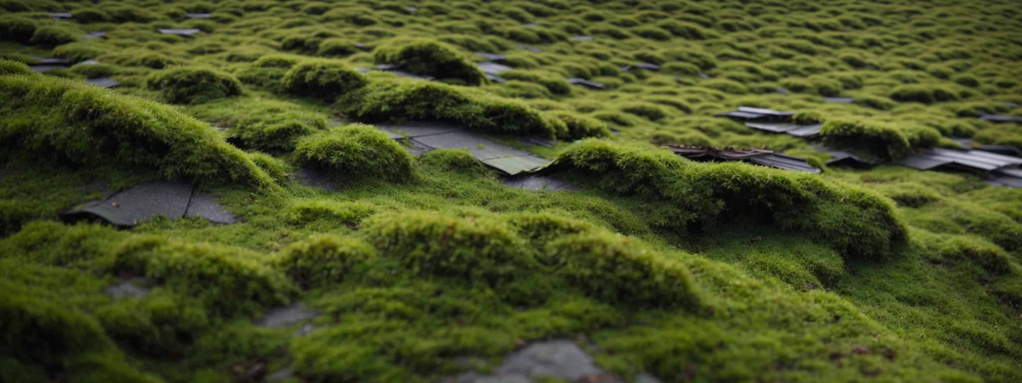 Thick layer of green moss covering grey shingles on a roof, indicating potential mold and fungus growth, highlighting the need for roof replacement and inspection.