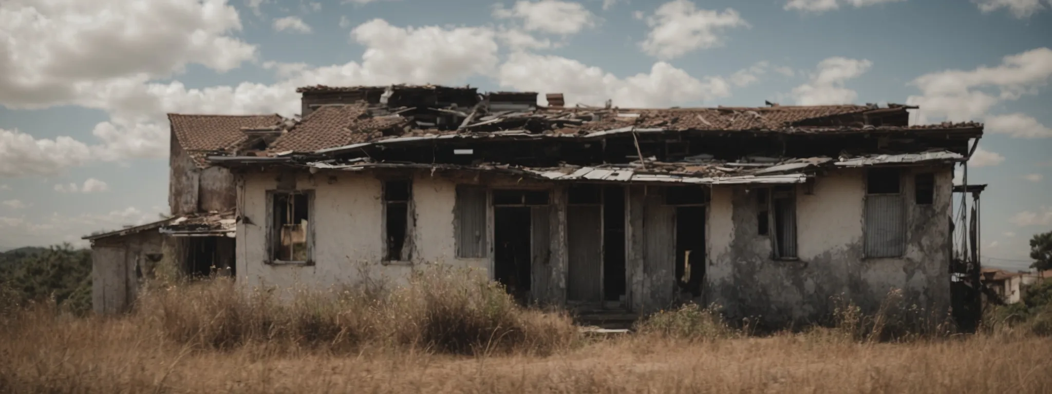 Dilapidated house with a sagging rooftop and visible structural damage, surrounded by overgrown grass, illustrating the urgent need for roof replacement and home repair.