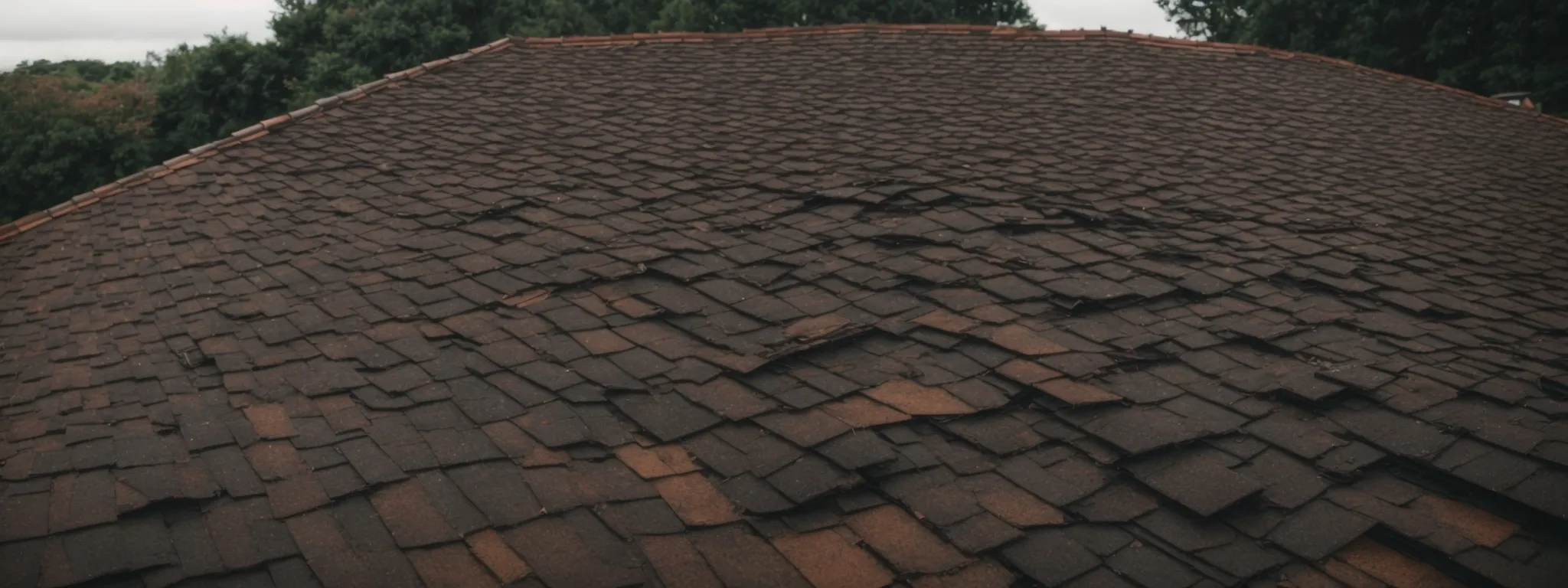 Dilapidated roof with missing and curled shingles, indicating potential structural issues and the need for replacement, relevant to signs of roof deterioration and maintenance.