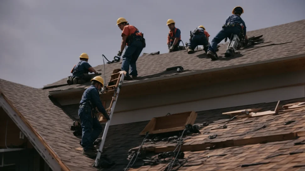 a crew of workers atop a house, installing new shingles on the roof.