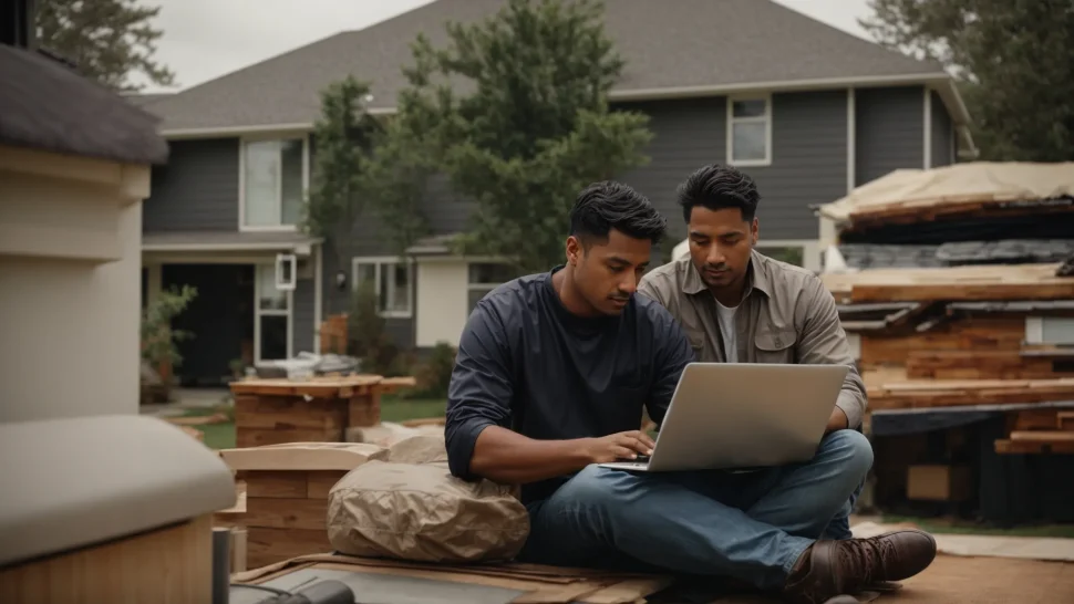 a homeowner and a roofing contractor discussing on a laptop outside a house with visible roofing materials in the background.