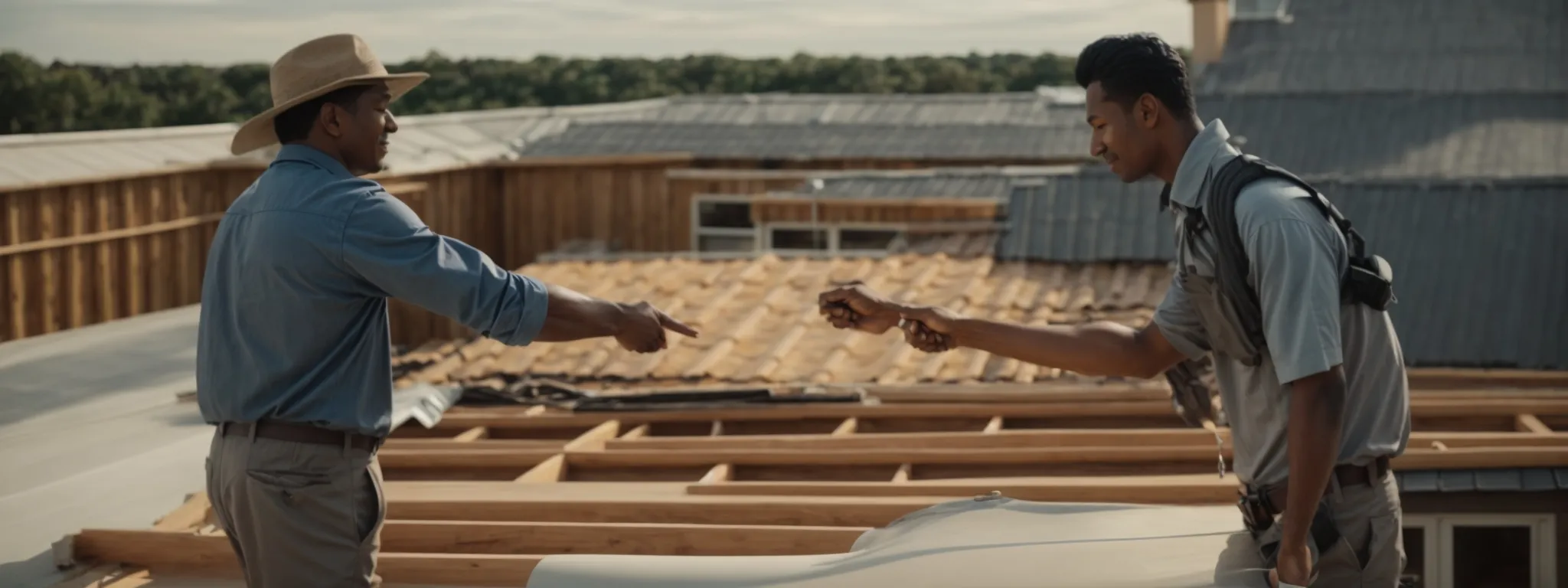 a homeowner and a roofing contractor shaking hands on a finished roof, under a clear sky, symbolizing agreement on warranty terms.