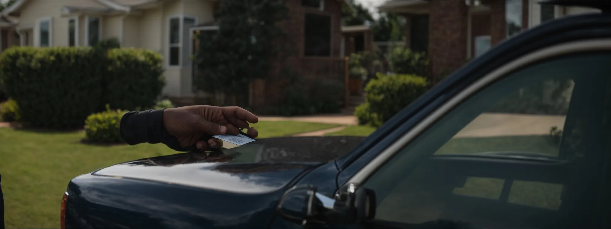 a roofer hands a business card to a homeowner in front of their company van parked outside a residential home.