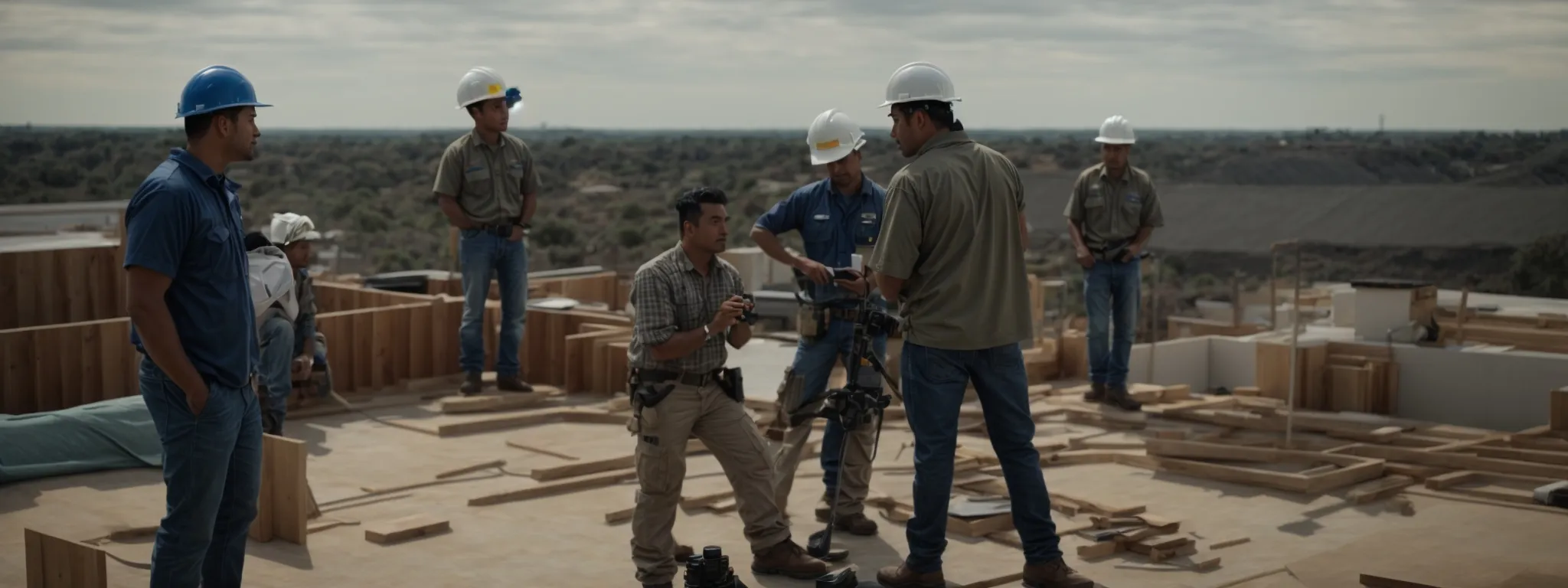 a group of roofing contractors discussing plans on top of a partially completed roof.