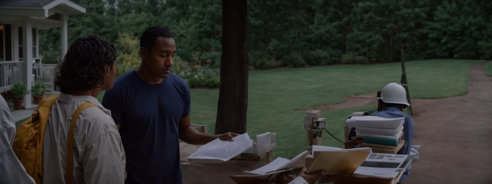 a homeowner and a contractor discuss paperwork on a clipboard outside a house.