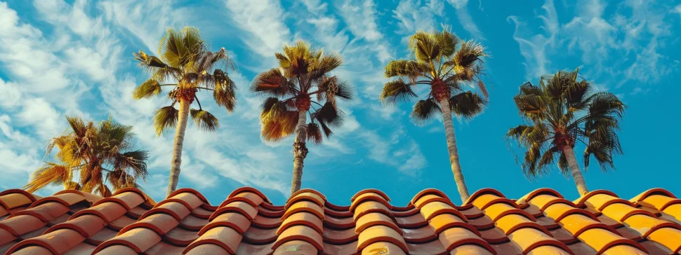a towering red clay roof contrasting against a backdrop of sunny skies and palm trees, exemplifying the ideal roofing material for a warm climate.