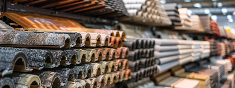 a diverse array of roofing materials displayed side-by-side in a hardware store aisle.