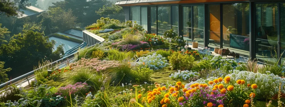 a lush green living roof covered in vibrant plants and flowers, showcasing eco-friendly roofing materials.