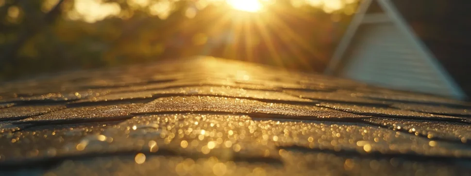 a newly installed asphalt shingle roof glistening under the bright sun.
