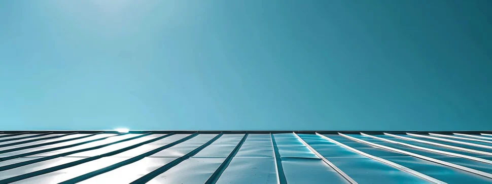 a sleek and modern metal roof gleaming under the bright sunshine, standing out against a clear blue sky.