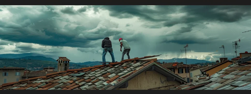 a team of skilled roofers diligently repairing a damaged roof under stormy skies in florence.