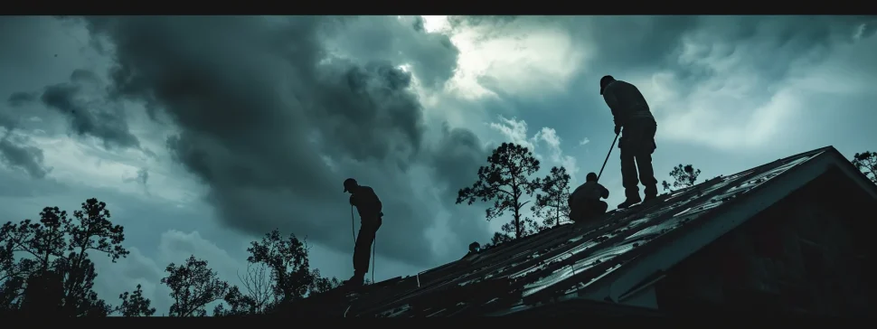 a team of skilled workers swiftly repairing a damaged roof under stormy skies in florence, sc.