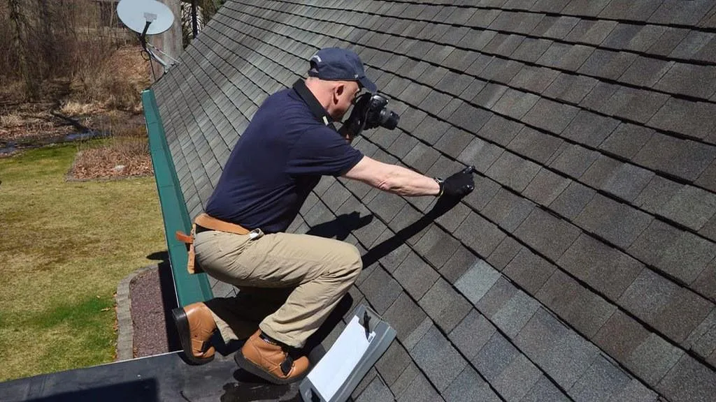 Roofing professional inspecting storm-damaged roof for leaks and structural issues