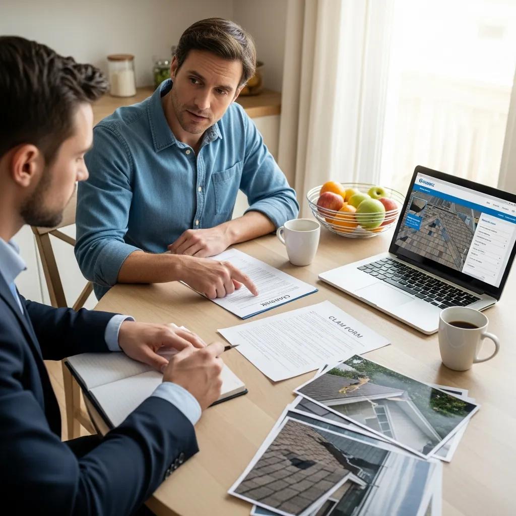 Homeowner discussing roof damage with insurance adjuster, with documents and photographs on the table