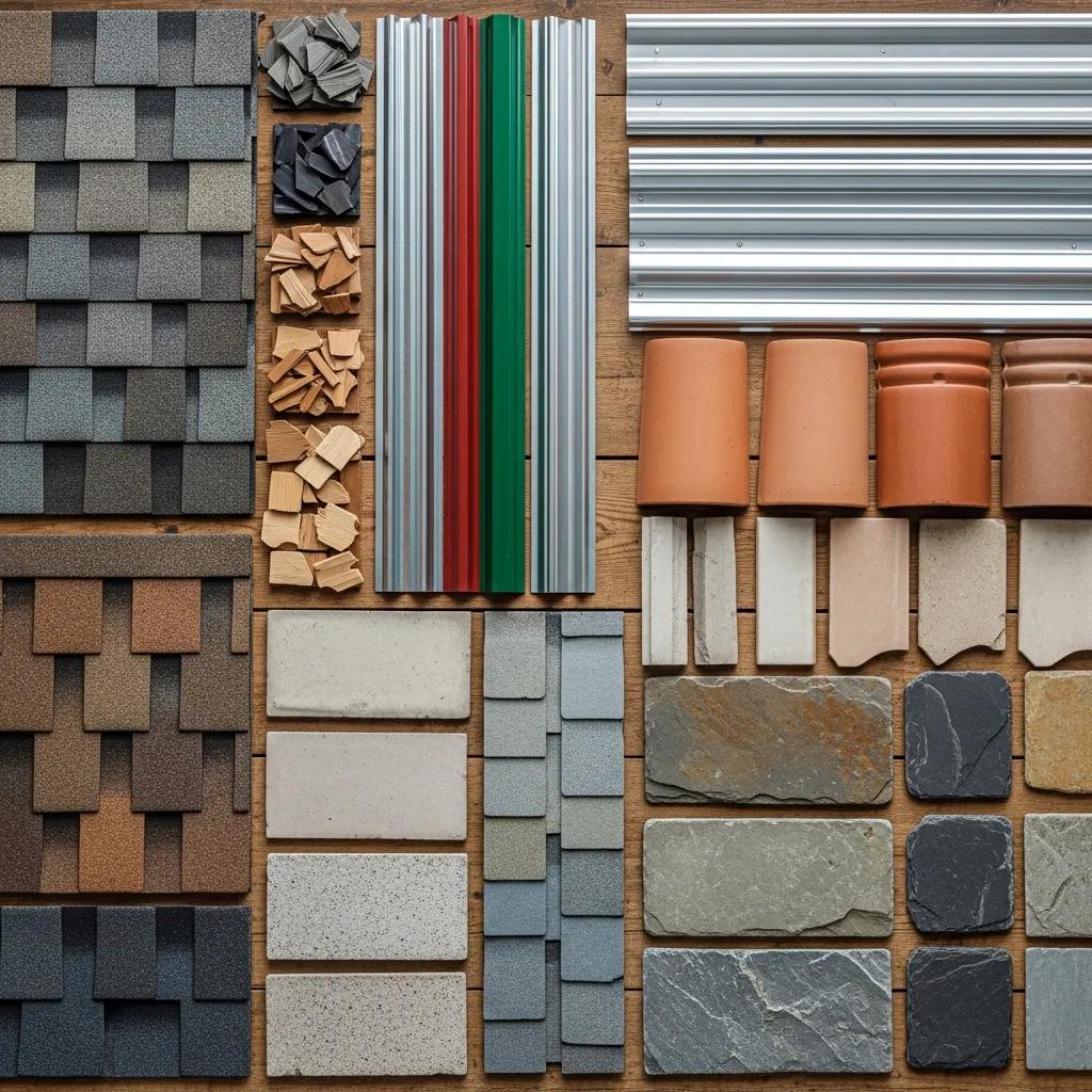 Variety of roofing materials including asphalt shingles, metal sheets, and tiles for roof repair